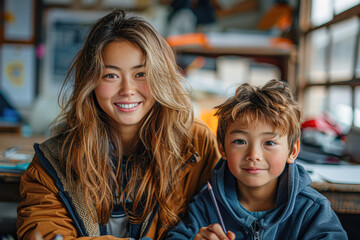 Poster - A young girl and boy are smiling at the camera