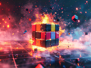 Sticker - A cube is on fire and surrounded by rubble