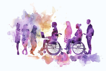 Purple watercolor of disabled person work on a wheelchair, inclusion in workplace