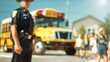 © Nakarin - Positive Police Presence Ensuring School Zone Safety - Police officer directing school bus with children and teachers in background at elementary school
