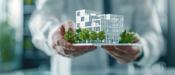 Eco-Friendly Architecture Concept - Engineer Holding 3D Model of Sustainable Building with Green Design Plans and Blueprints in Background