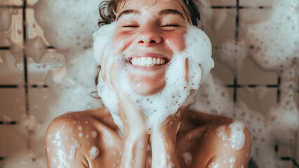 Femme souriante profitant d'un bain relaxant avec de la mousse de savon