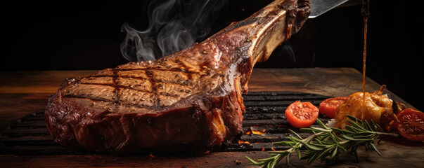 Poster - Tomahawk steak top view on wooden background.