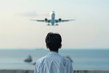 Poster - A man in a white lab coat is looking out at the ocean