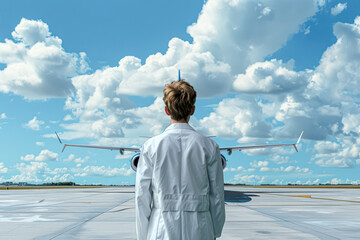 Canvas Print - A person in a white lab coat stands on the runway looking at a plane