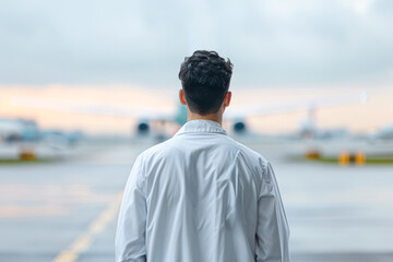 Wall Mural - A man in a white lab coat stands on the tarmac looking at an airplane