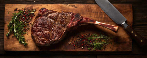 Canvas Print - Tomahawk steak top view on wooden background.