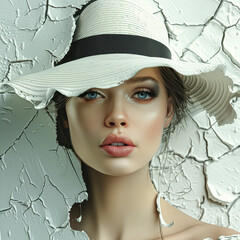 Wall Mural - A woman with a white hat and blue eyes is the main subject of the image