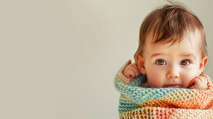 Poster - A baby is wrapped in a colorful scarf and is looking at the camera