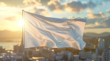 A white flag waving against a sunset backdrop over a blurred cityscape