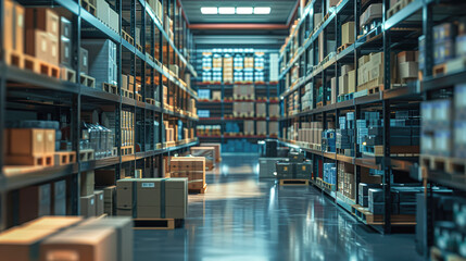 Poster - A warehouse with many boxes on the shelves