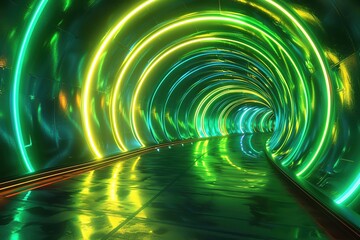 a vibrant illuminated tunnel featuring glowing green and yellow lights creating a captivating visual
