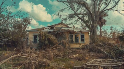 aftermath of a hurricane damaged house and debris, a photograph of a damaged house and debris after 