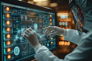 Wall Mural - Scientist in protective gear examining data on futuristic touch screen interface in a high-tech laboratory with vibrant, illuminated background.