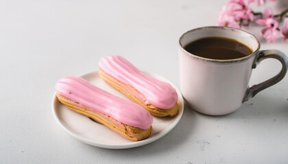 Wall Mural - Eclairs with pink glazing on ceramic plate, coffee mug. Tasty dessert. Delicious breakfast and drink