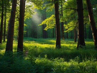 Wall Mural - Verdant summer forest scene. Ideal spring backdrop and background