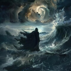 Wall Mural - dramatic illustration of jesus walking on stormy waters swirling waves and dark skies contrast with his serene figure embodying faith and miracles