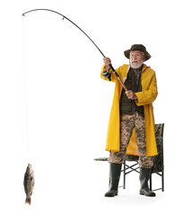 Sticker - Fisherman with rod and catch on white background