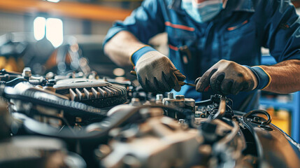 Poster - A mechanic is working on a car engine