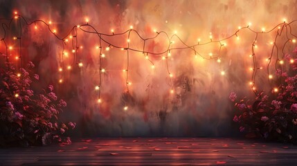 Wall Mural - A wooden surface with string lights petals and floral accents creating a romantic and cozy atmosphere