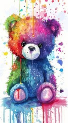 Poster - Rainbow Teddy Bear Watercolor Illustration