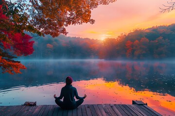 Wall Mural - A tranquil scene of a woman practicing yoga on a wooden deck overlooking a serene autumn lake at sunrise, with colorful foliage reflecting in the water and a light mist rising