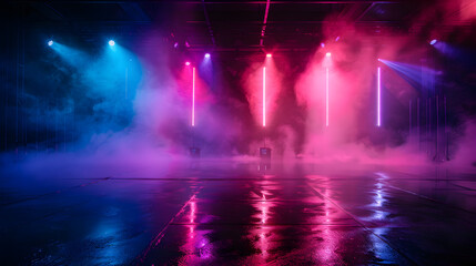 Wall Mural - A dark room with a blue and pink light show. The lights are on and the room is filled with smoke