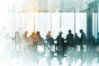 © Prime Lens - A group of business professionals gathered in a boardroom with glass walls, depicted in the style of double exposure photography against a white background.