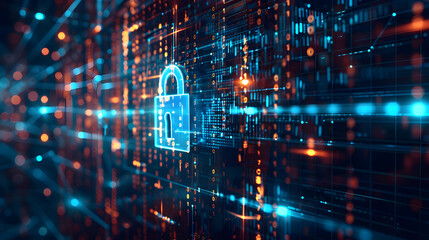 Wall Mural - a computer screen with a blue and orange lock symbol on it. the lock symbol is surrounded by a serie