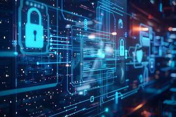 Wall Mural - a blue screen with a lock symbol and other symbols. the lock symbol is surrounded by a network of li