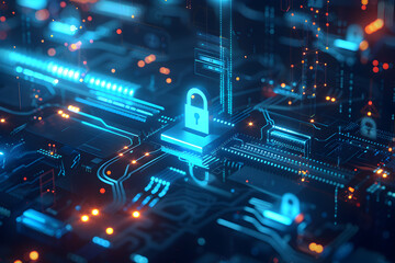 Wall Mural - a computer chip with a blue lock on it. concept of security and protection