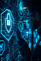 Wall Mural - a man is looking at a computer screen with a blue screen that has a lock on it. the lock is surround