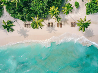 Sticker - Beautiful beach with turquoise water and palm trees, top view. Caribbean vacation concept.