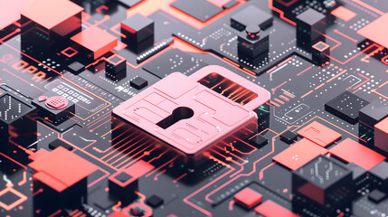 Wall Mural - A computer chip with a red lock on it. The lock is surrounded by a black background. Concept of security and protection