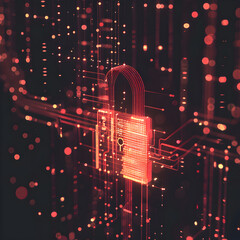 Wall Mural - A red and black image of a lock with a key on it. The lock is surrounded by a lot of dots, giving it a futuristic and high-tech appearance. Concept of security and protection