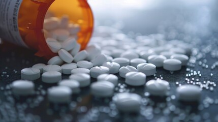 Sticker - White circular pills spread close to bottle of medication