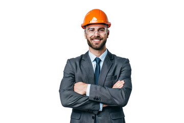 Smiling male engineer with arms folded, in formal attire and a construction helmet, isolated on white background