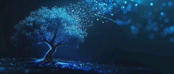 Wall Mural - Tree wireframe polygonal lines and network connections technology background