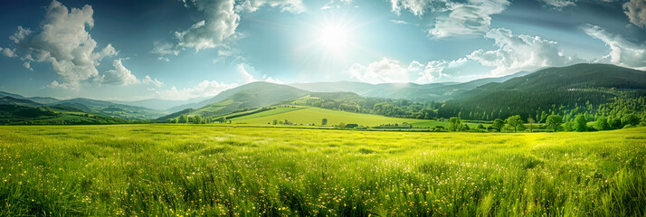 Wall Mural - Spring green meadow with wild flowers, glass field with flowers in blue sky with cloud background for template and banner.