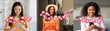 © Prostock-studio - Three women, one Asian, one Latina, and one Black, are sitting or standing in different locations, each using their smartphone and looking at the screen. They each have multiple pink heart emojis