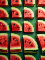 Wall Mural - Vivid watermelon slices pattern on a sunny yellow backdrop. Top view with ample copy space