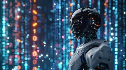 A robot with a face and a helmet is standing in a room with a lot of lights