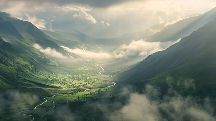 Wall Mural - Aerial View of a Winding River Through a Mountain Valley on a Cloudy Day