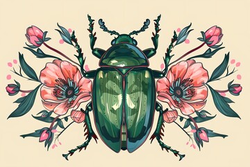 Wall Mural - A green bug with pink flowers on its back