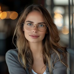 Wall Mural - A woman with long brown hair and glasses is smiling for the camera. She is wearing a gray sweater and a white shirt