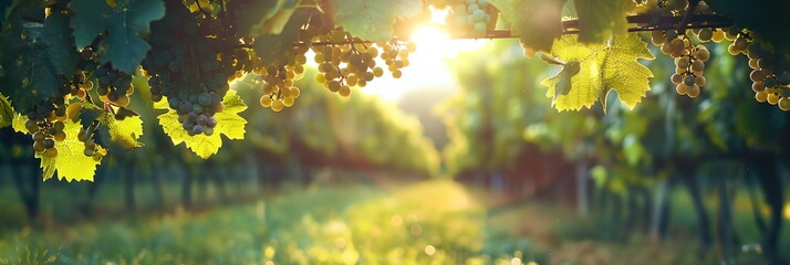 Wall Mural - A vineyard with a sun shining through the leaves