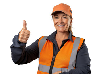 Middle-aged female truck driver in uniform smiling and crossing arms Isolated on white background