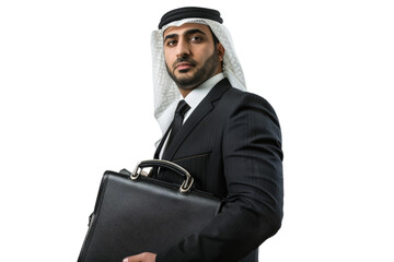 Wall Mural - Middle Eastern businessman holding a briefcase and looking at the camera Isolated on white background