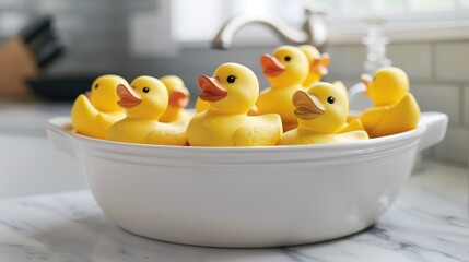 Wall Mural - Rubber ducks in white tub