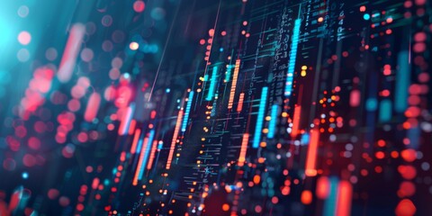 Abstract binary data and cyber space network in blue and red for technology and finance backgrounds.